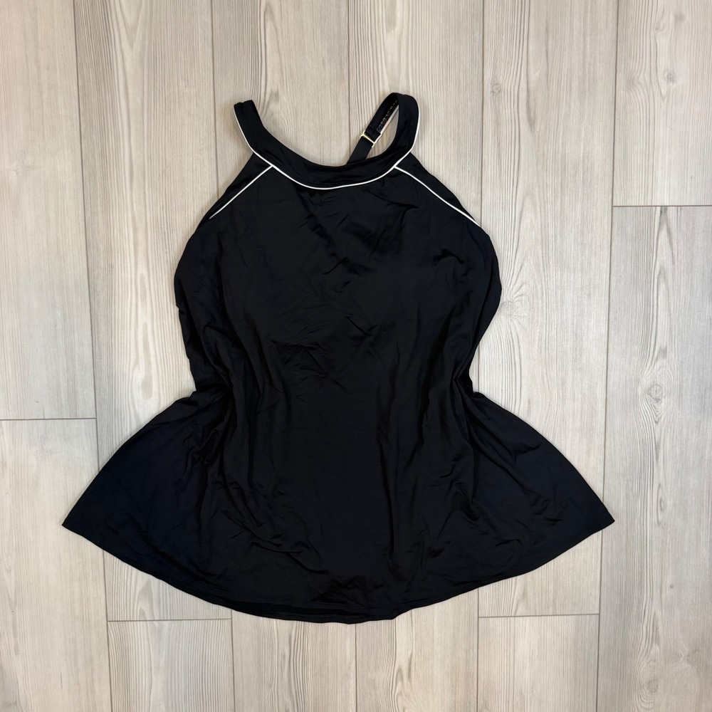 Lands End Black Swim Dress Top White Piping High Neck One Piece 18W 528501